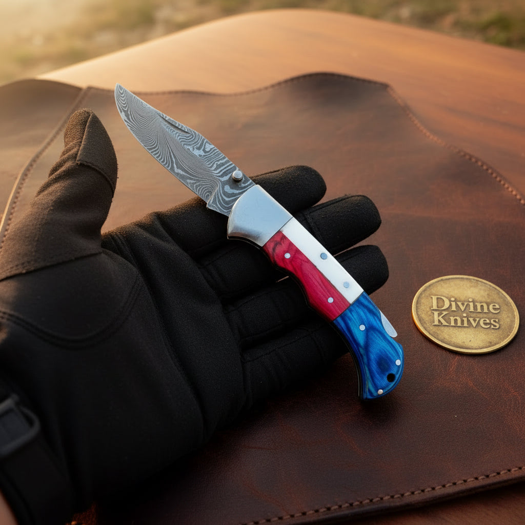 Americana Folding Pocket Knife with Patterned Steel Blade detail view by Divine Knives