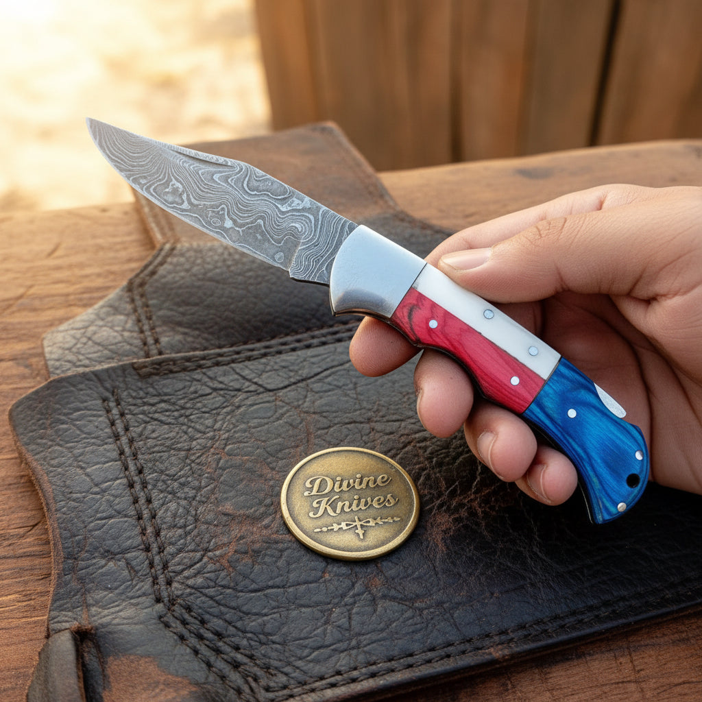 Americana Folding Pocket Knife with Patterned Steel Blade by Divine Knives