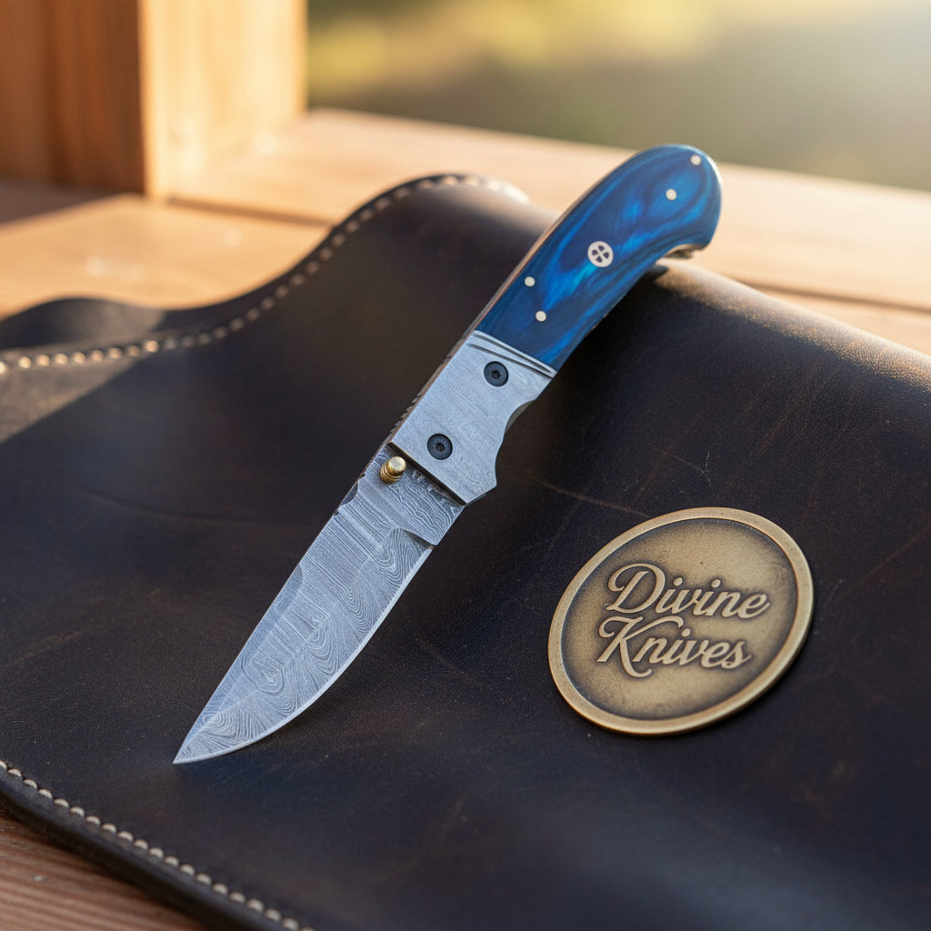 Blue Resin Handle Folding Pocket Knife with Patterned Steel Blade by Divine Knives