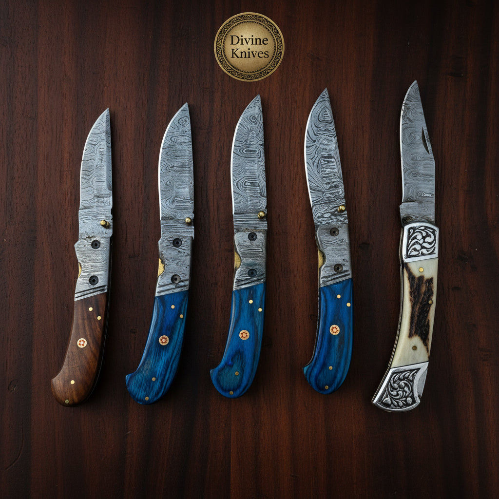 5-Piece Folding Pocket Knife Set with Mixed Wood, Resin, and Stag Handles by Divine Knives