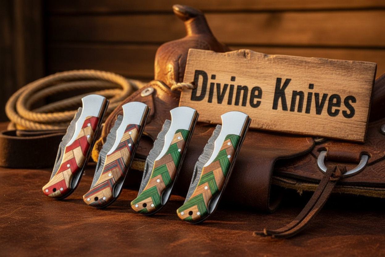 5-Piece Chevron Inlay Folding Knife Set with Wood Mosaic Handles detail view by Divine Knives
