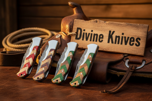 5-Piece Chevron Inlay Folding Knife Set with Wood Mosaic Handles detail view by Divine Knives