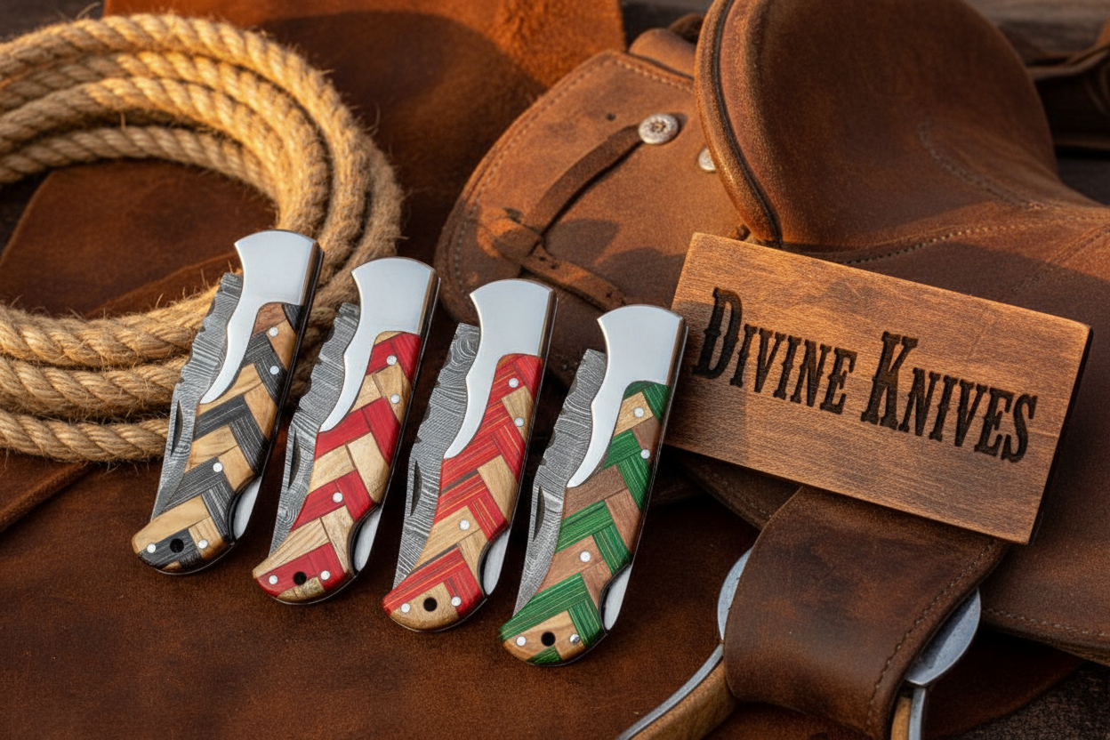 5-Piece Chevron Inlay Folding Knife Set with Wood Mosaic Handles by Divine Knives