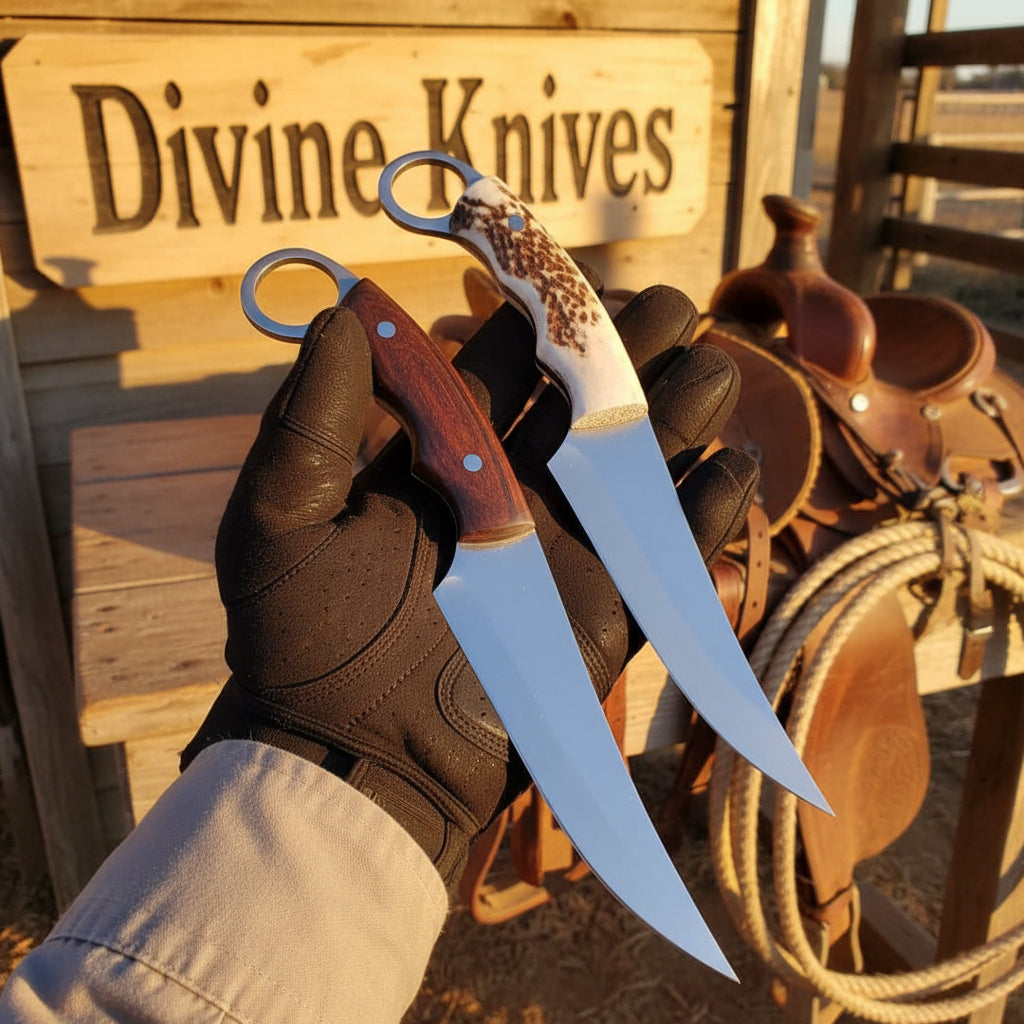 Ring Handle Skinner Knife Pair with Wood and Stag Handles by Divine Knives
