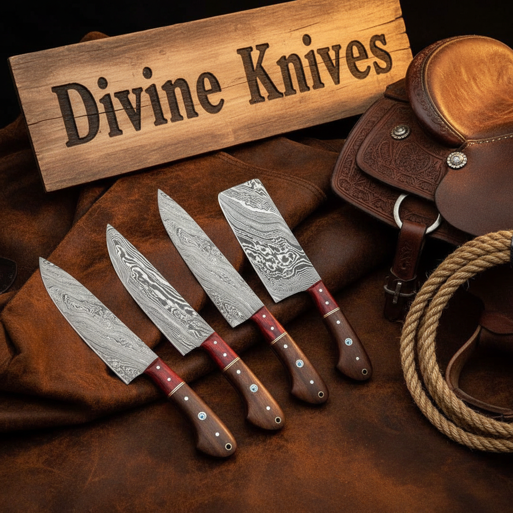 4-Piece Chef Knife Set with Wood Handles and Red Resin Accents detail view by Divine Knives