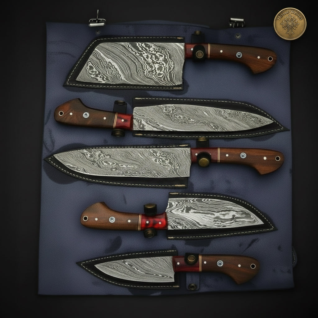 4-Piece Chef Knife Set with Wood Handles and Red Resin Accents by Divine Knives