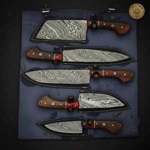 4-Piece Chef Knife Set with Wood Handles and Red Resin Accents by Divine Knives