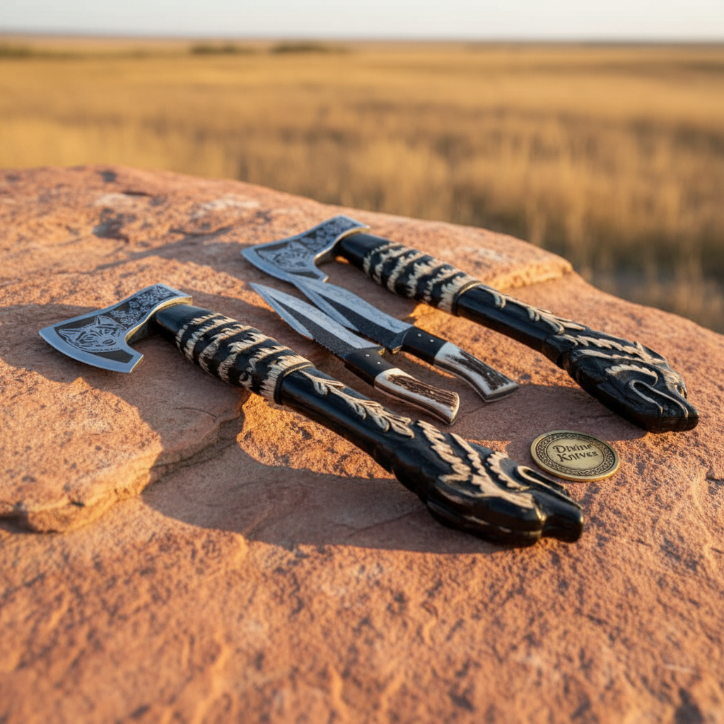 Wolf Engraved Axe and Skinner Knife Combo Set detail view by Divine Knives