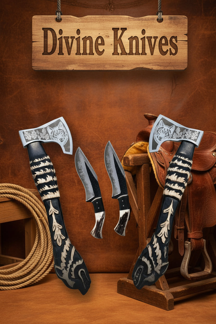 Wolf Engraved Axe and Skinner Knife Combo Set by Divine Knives