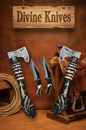 Wolf Engraved Axe and Skinner Knife Combo Set by Divine Knives