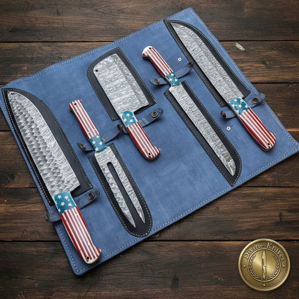5-Piece Patriotic Chef Knife Set with Leather Roll Case by Divine Knives