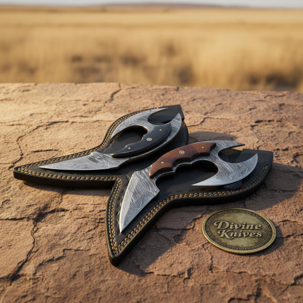 Butterfly Wing Double Blade Knife with Wood Handle Inserts by Divine Knives