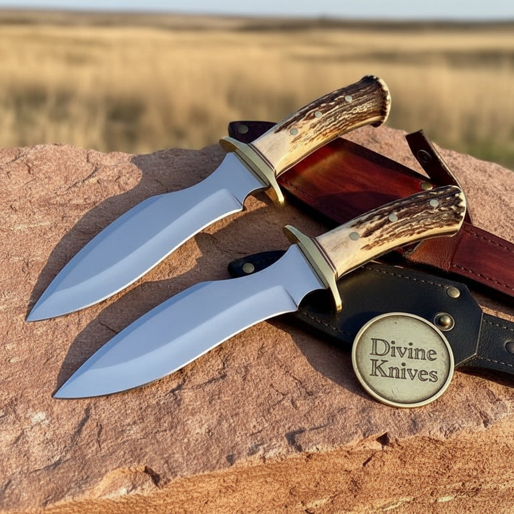 Stag Handle Hunting Knife Pair with Brass Guards and Leather Sheaths by Divine Knives