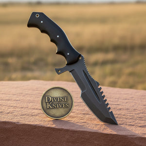 Serrated Spine Tracker Knife with Finger Groove Handle detail view by Divine Knives