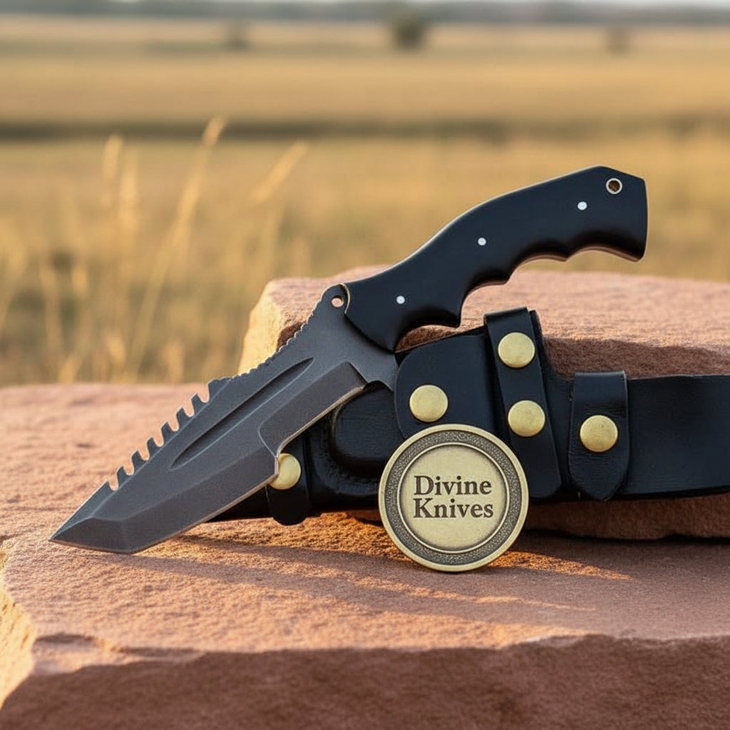 Serrated Spine Tracker Knife with Finger Groove Handle by Divine Knives