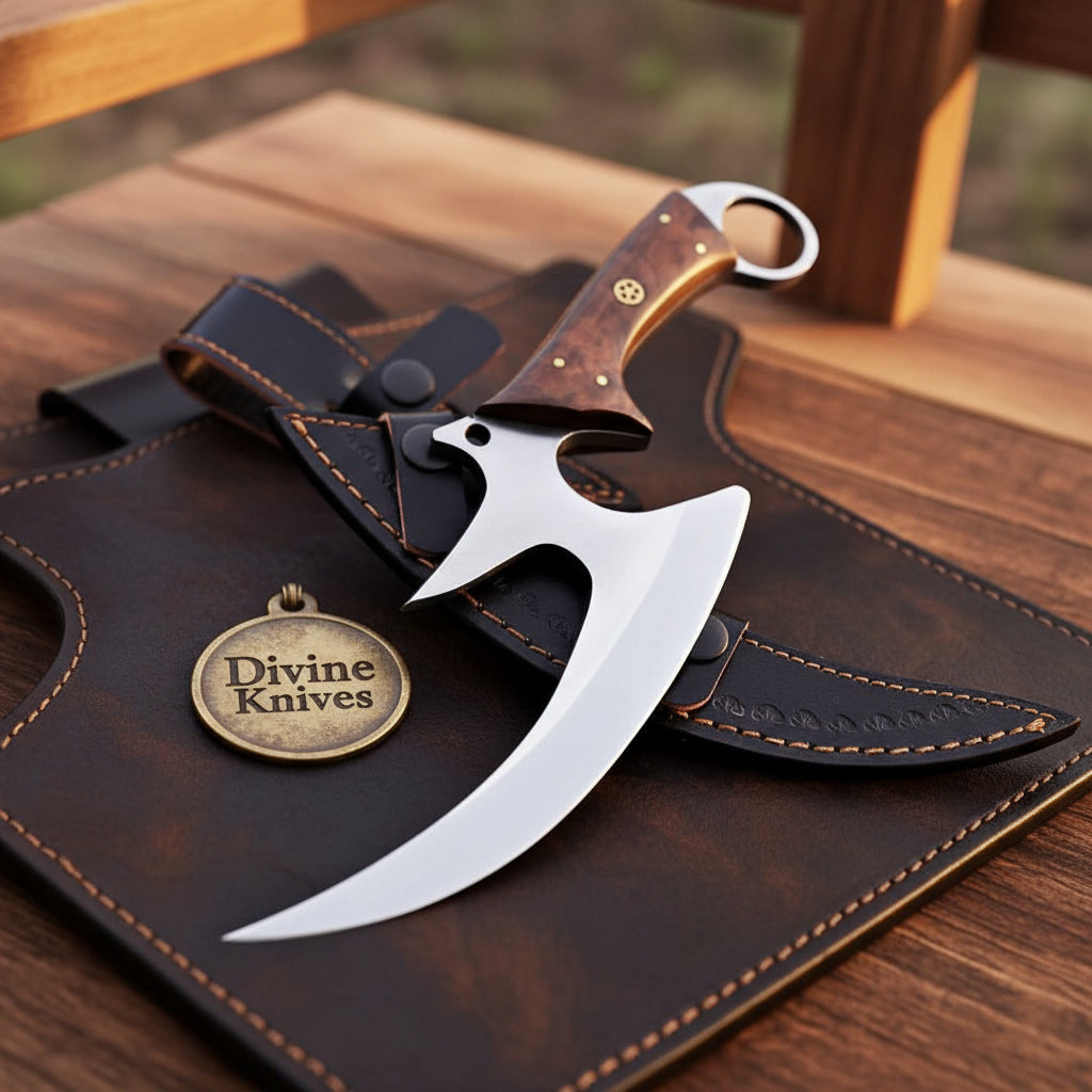Hooked Ring Handle Skinner Knife with Wood Handle and Sheath by Divine Knives