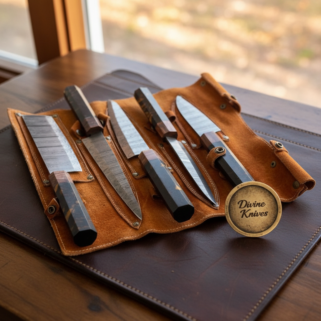 5-Piece Resin Handle Knife Set with Tortoiseshell Accents and Leather Roll Case detail view by Divine Knives