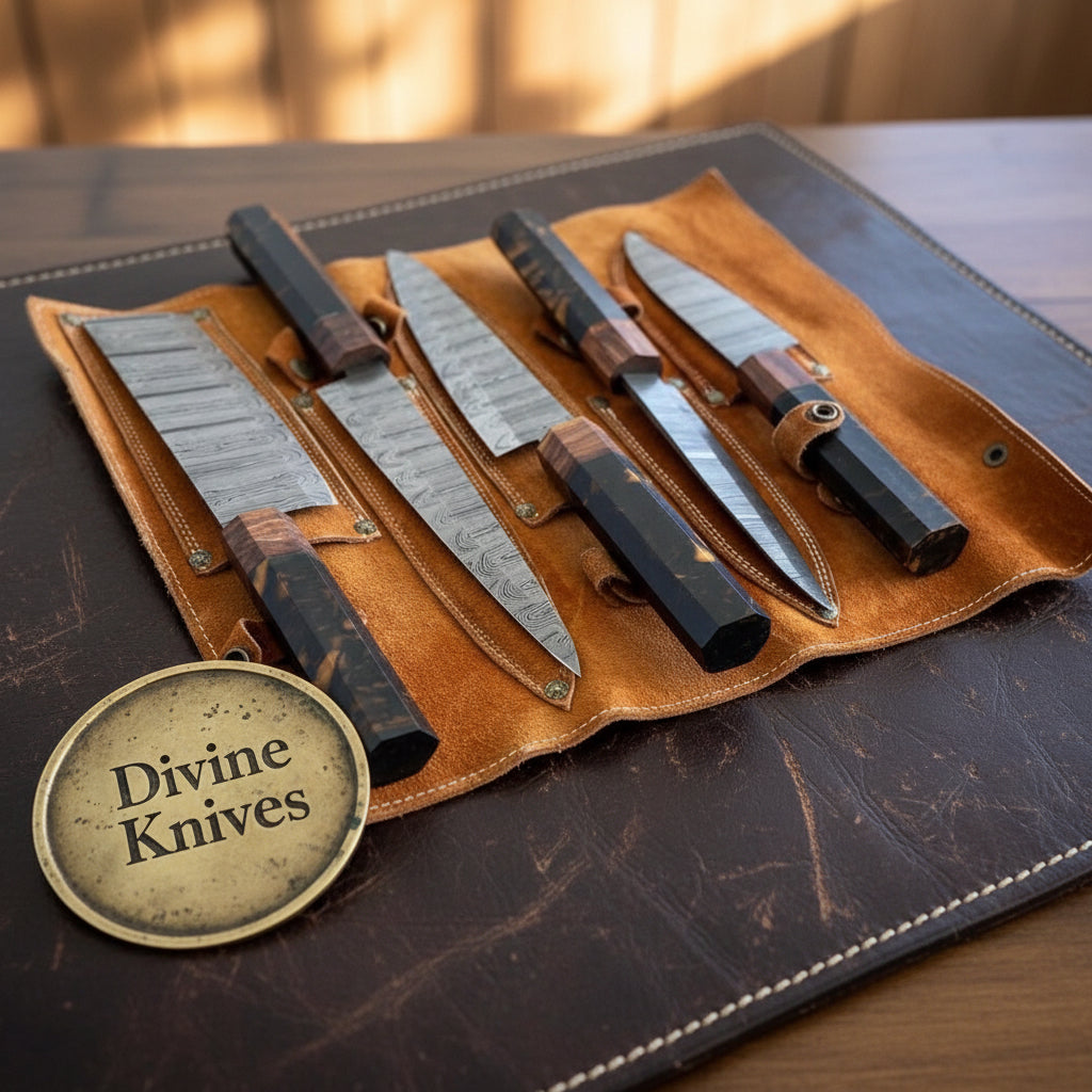 5-Piece Resin Handle Knife Set with Tortoiseshell Accents and Leather Roll Case by Divine Knives