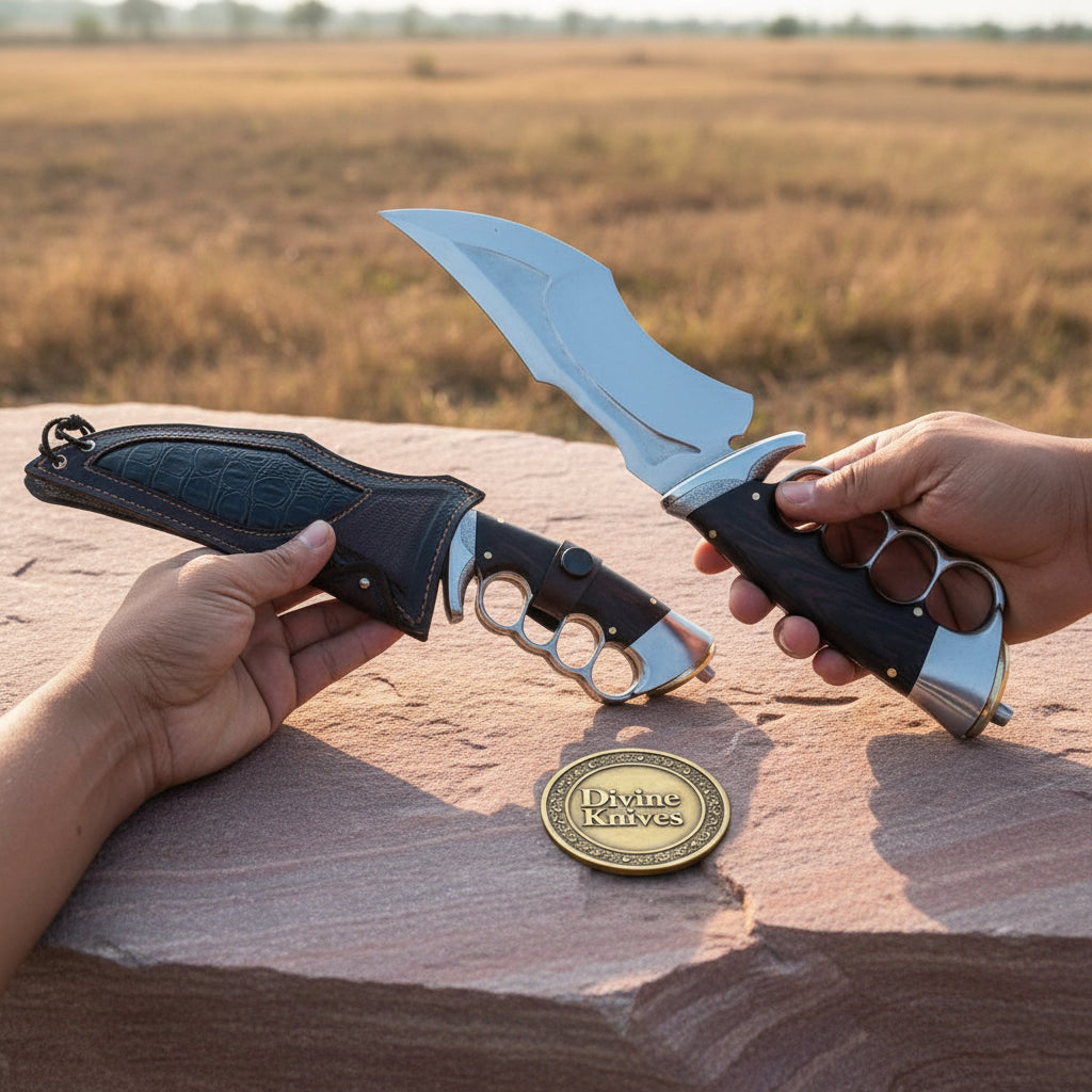 Knuckle Guard Tactical Knife with Croc-Embossed Leather Sheath by Divine Knives