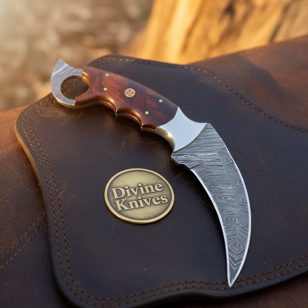 Hawkbill Karambit Knife with Damascus Steel Blade and Finger-Ring Wood Handle by Divine Knives