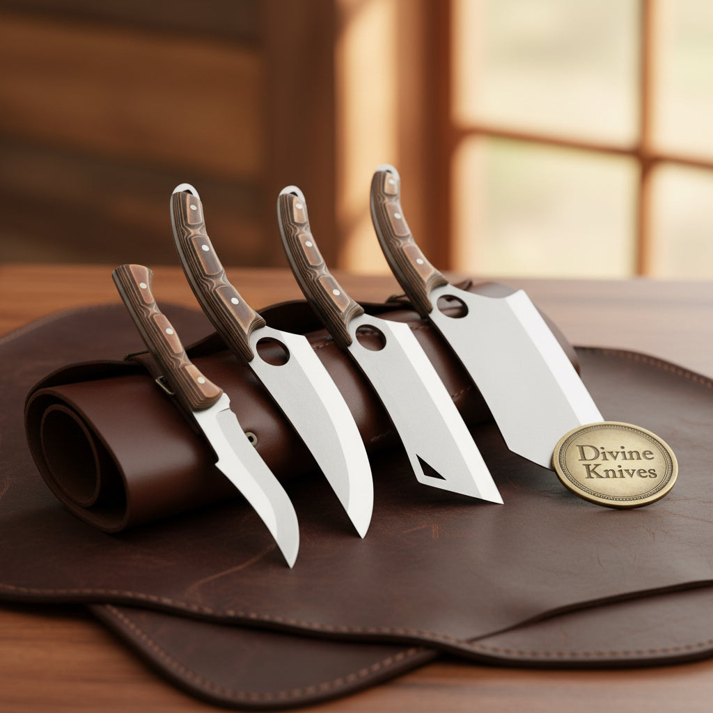 4-Piece Skinner and Cleaver Knife Set with Leather Roll Sheath by Divine Knives