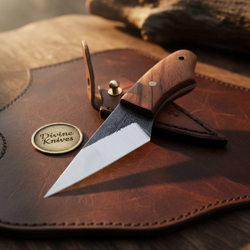 Kiridashi Style Utility Knife with Rosewood Handle and Leather Belt Sheath by Divine Knives