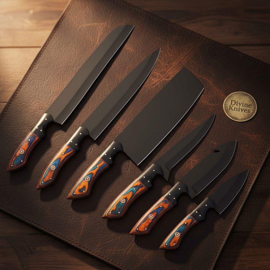 8-Piece Black Coated Chef Knife Set with Orange-Blue Resin Handles by Divine Knives