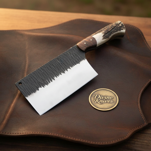 Stag Handle Meat Cleaver with Hammered Blade and Skull Artwork detail view by Divine Knives