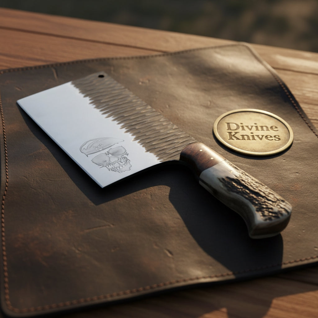 Stag Handle Meat Cleaver with Hammered Blade and Skull Artwork by Divine Knives