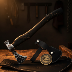 Skull Etched Belt Axe with Textured Wood Handle detail view by Divine Knives