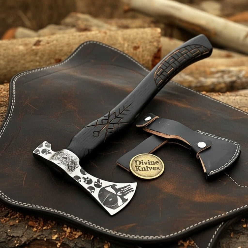 Skull Etched Belt Axe with Textured Wood Handle by Divine Knives