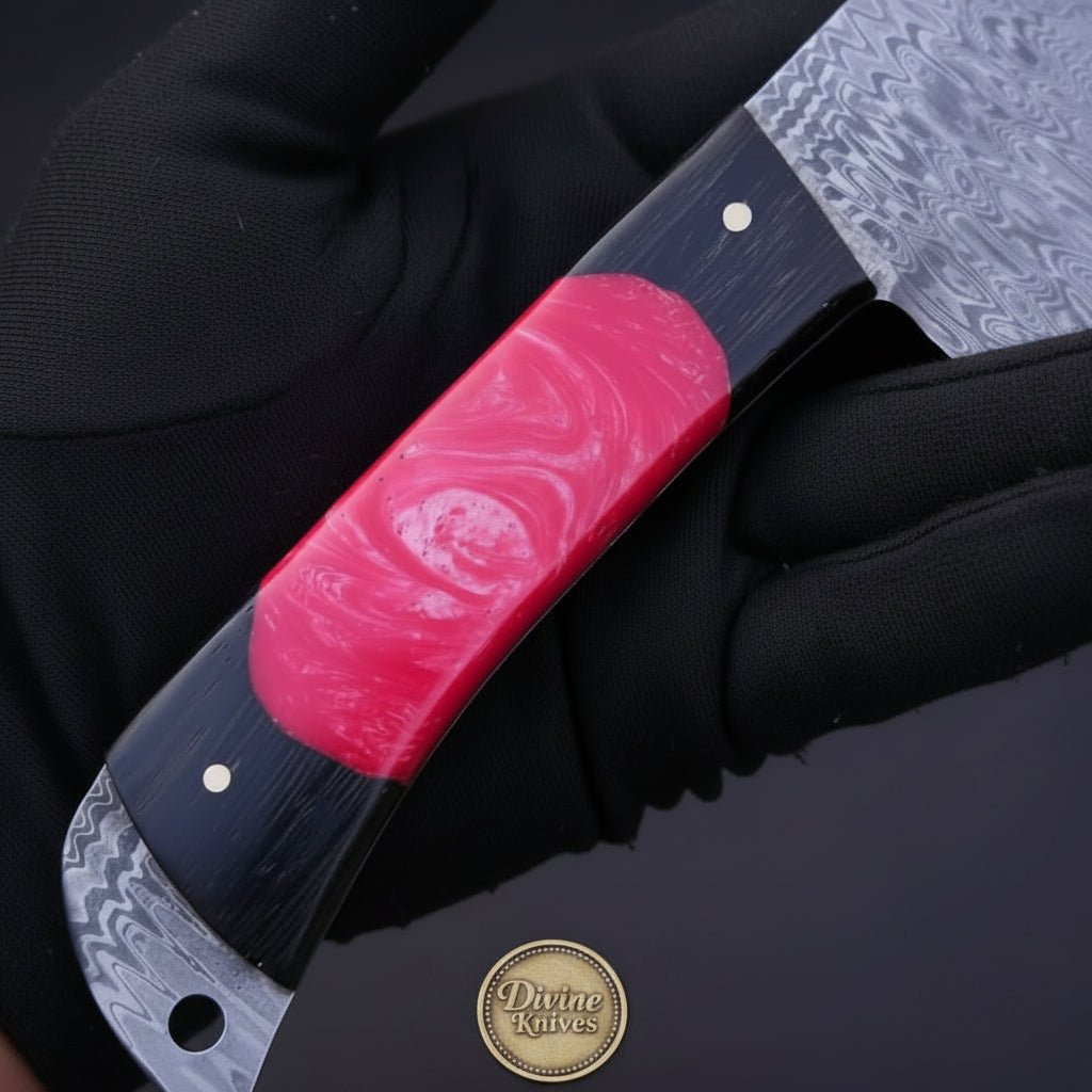Damascus Pattern Nakiri Cleaver Knife with Red Resin Handle detail view by Divine Knives