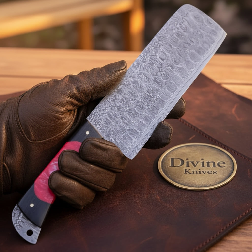 Damascus Pattern Nakiri Cleaver Knife with Red Resin Handle by Divine Knives