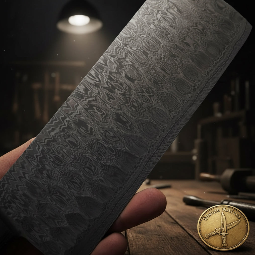 Damascus Pattern Nakiri Cleaver Knife with Red Resin Handle detail view by Divine Knives