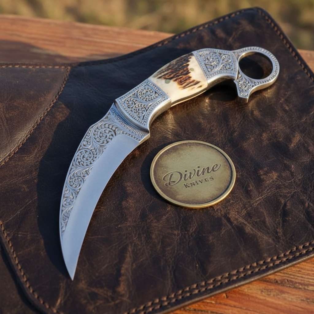 Engraved Twin Karambit Knife Set with Scrollwork Blades and Stag Handles detail view by Divine Knives