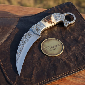 Engraved Twin Karambit Knife Set with Scrollwork Blades and Stag Handles detail view by Divine Knives