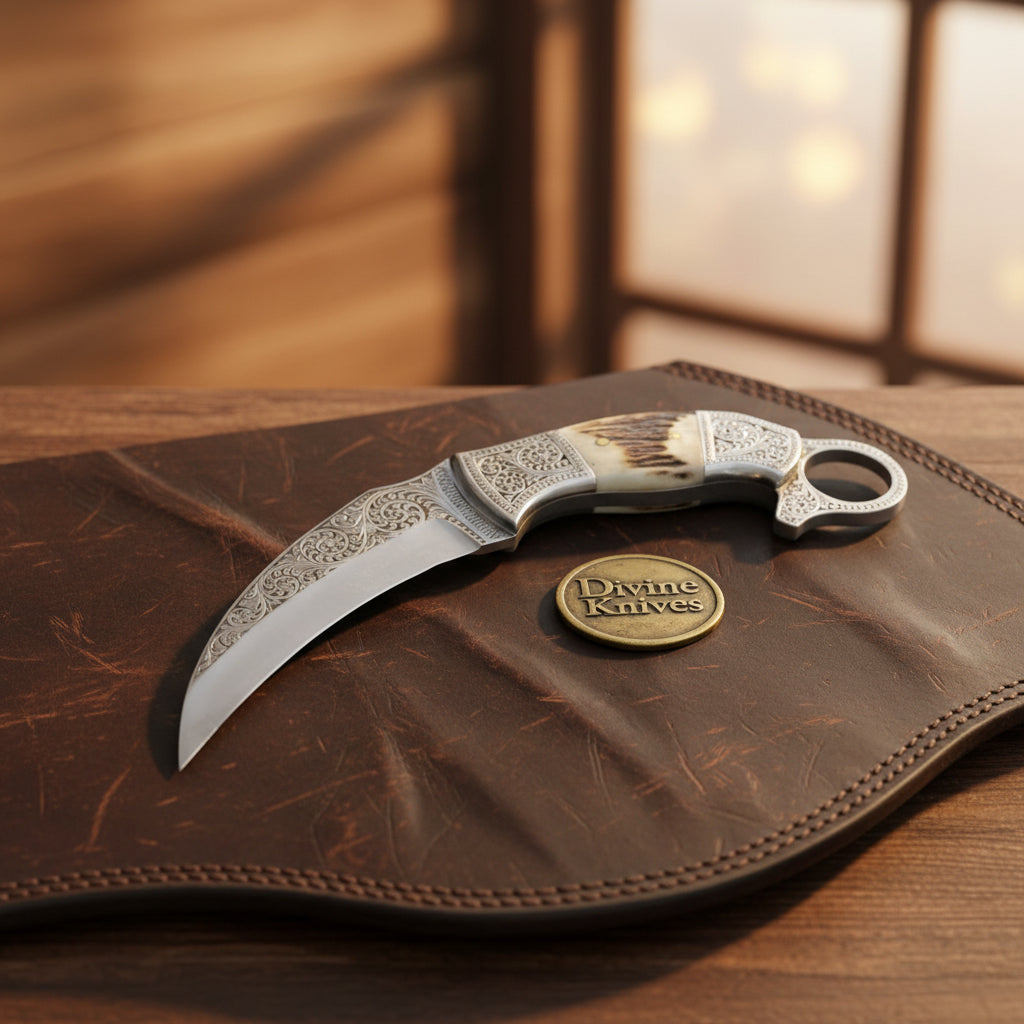 Engraved Twin Karambit Knife Set with Scrollwork Blades and Stag Handles detail view by Divine Knives