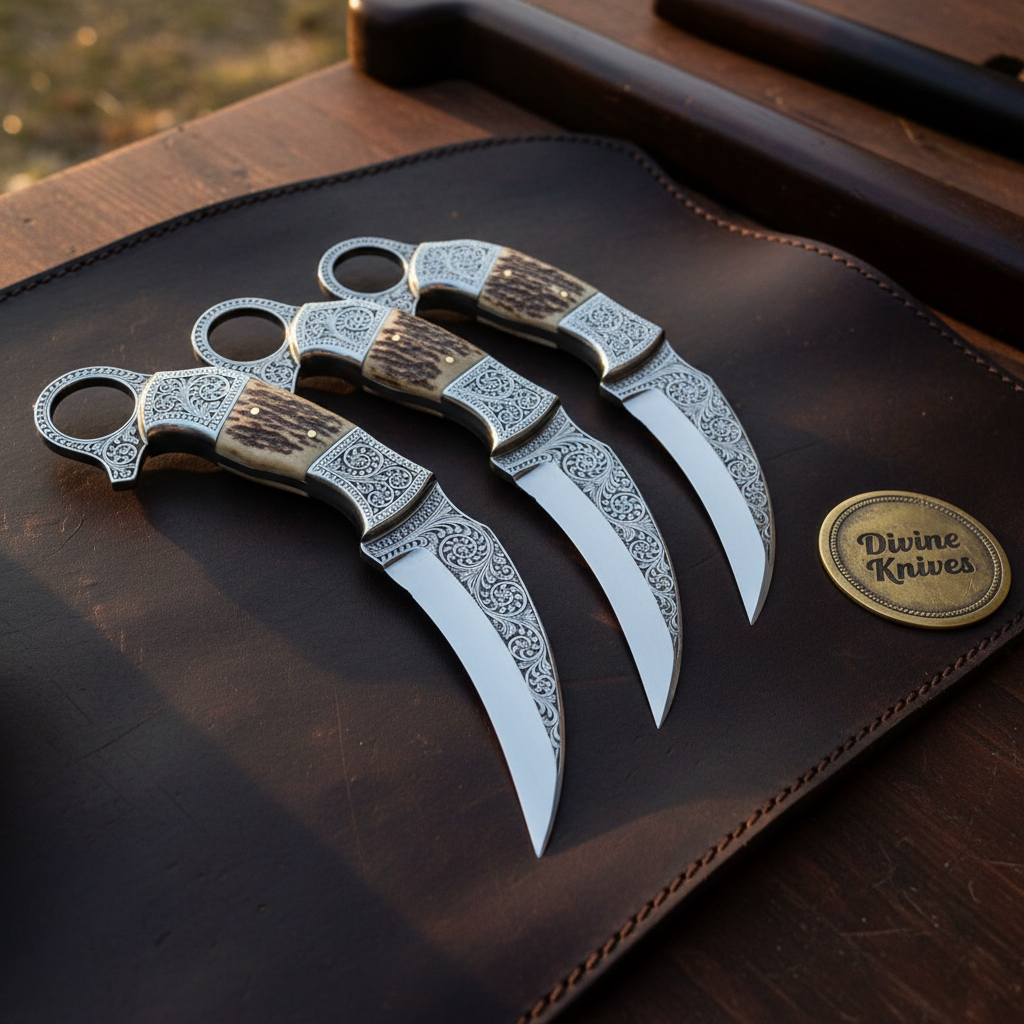Engraved Stag Horn Hunting Karambit Set with by Divine Knives