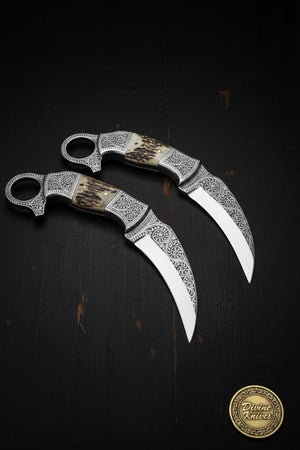 Engraved Twin Karambit Knife Set with Scrollwork Blades and Stag Handles by Divine Knives