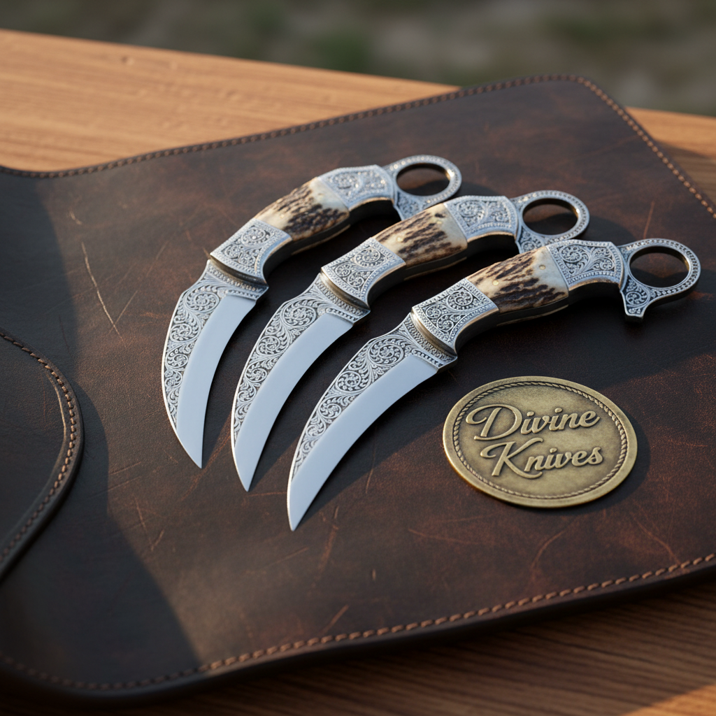 Engraved Stag Horn Hunting Karambit Set with product detail, view 2