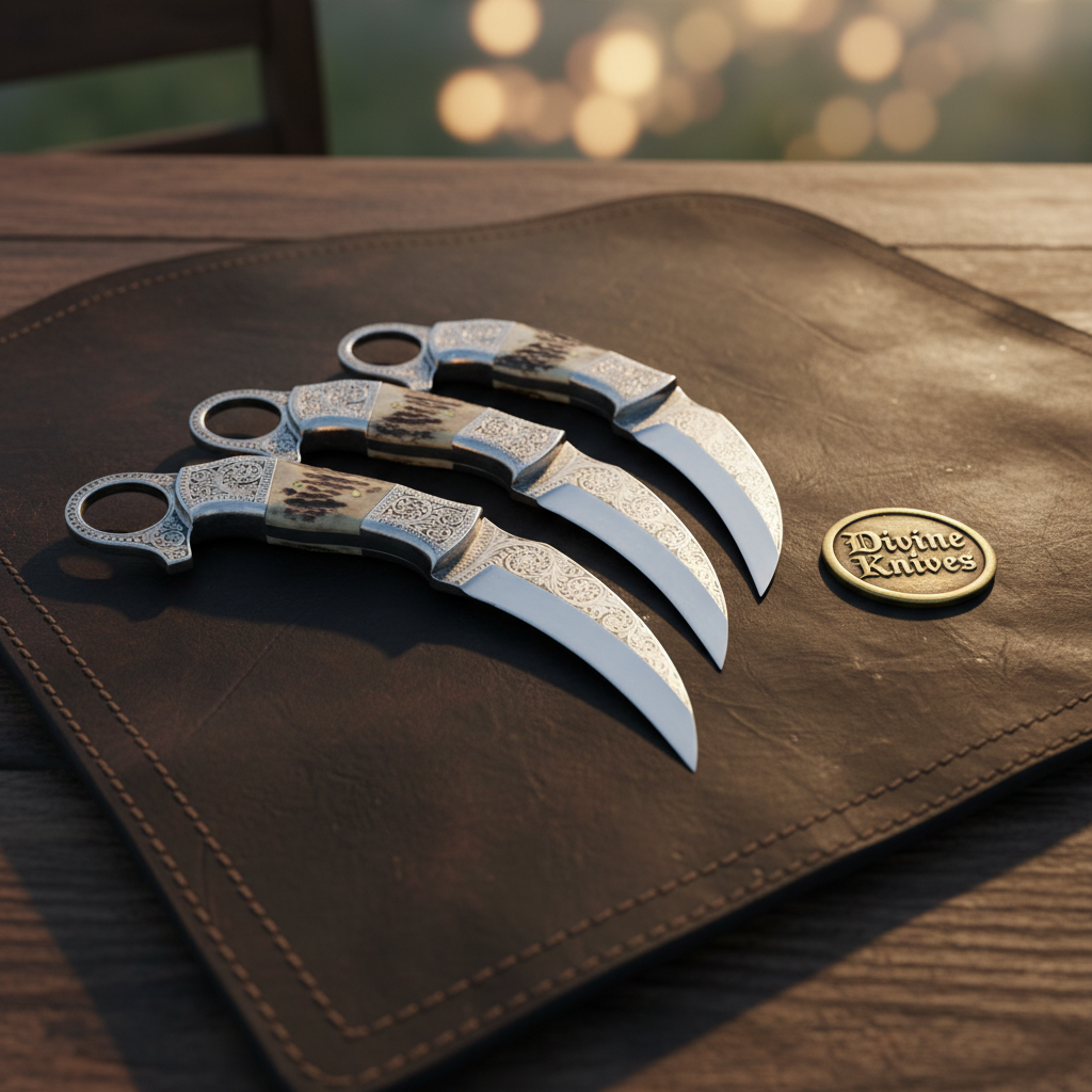 Engraved Stag Horn Hunting Karambit Set with product detail, view 3