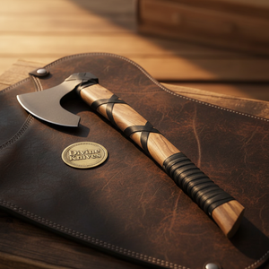 Norse Symbol Viking Axe with Leather Wrapped Wood Handle detail view by Divine Knives