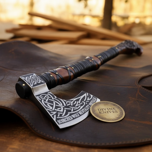 Wolf Head Viking Axe with Celtic Knot Engraved Blade detail view by Divine Knives