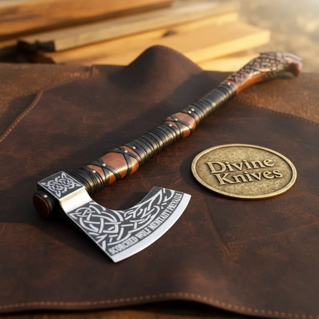 Wolf Head Viking Axe with Celtic Knot Engraved Blade by Divine Knives