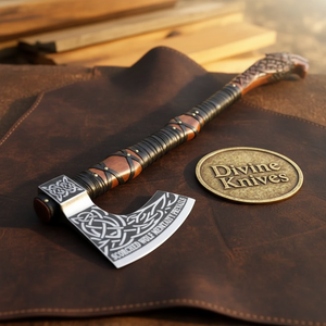 Wolf Head Viking Axe with Celtic Knot Engraved Blade by Divine Knives
