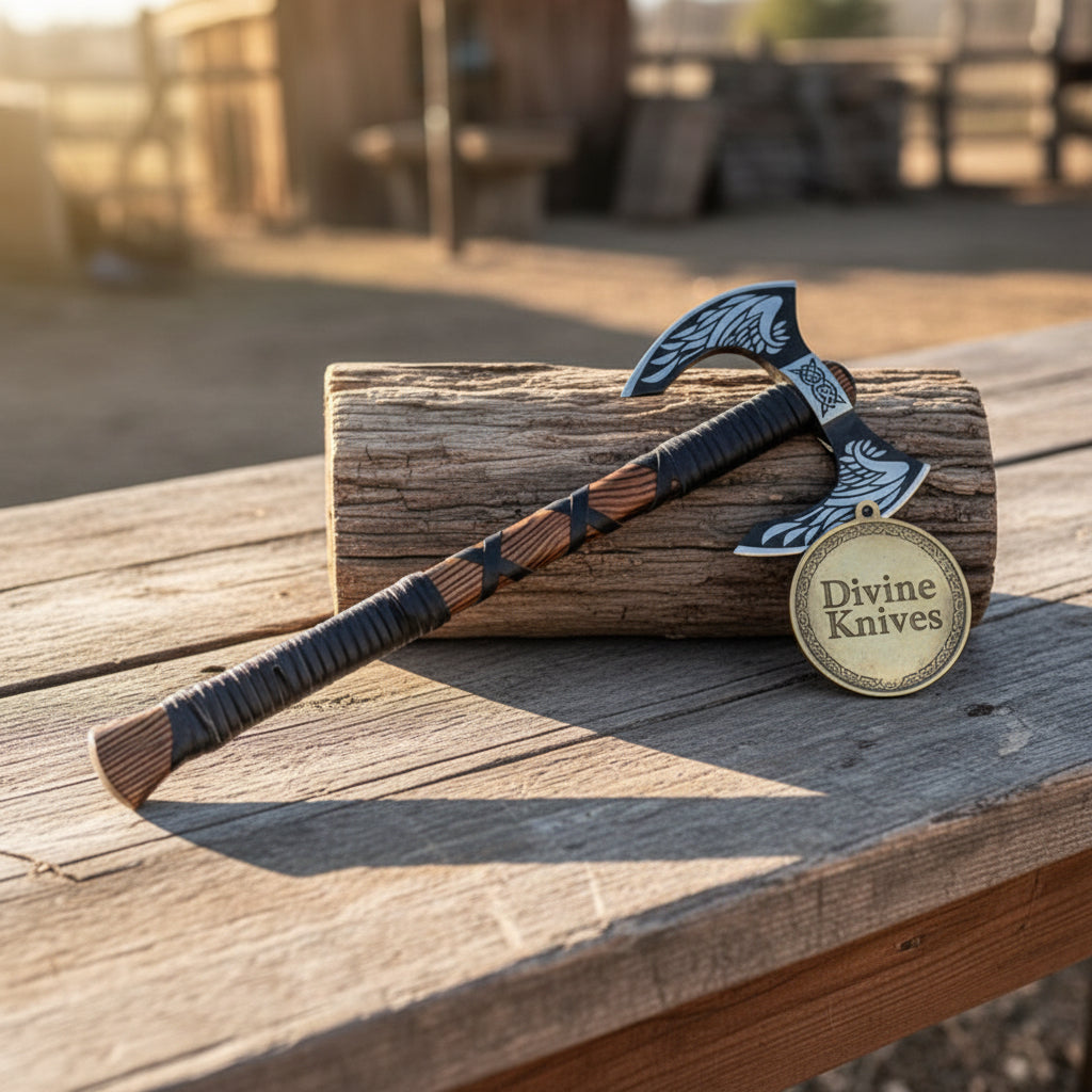 Wing Etched Tomahawk Axe with Celtic Design and Wrapped Handle by Divine Knives