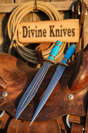 Turquoise Handle Damascus Dagger Set with Brass Bolsters by Divine Knives