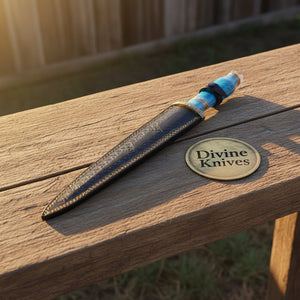 Turquoise Handle Damascus Dagger Set with Brass Bolsters detail view by Divine Knives