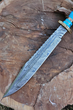 Turquoise Handle Damascus Dagger Set with Brass Bolsters detail view by Divine Knives