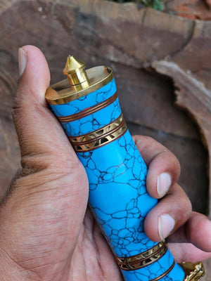 Turquoise Handle Damascus Dagger Set with Brass Bolsters detail view by Divine Knives